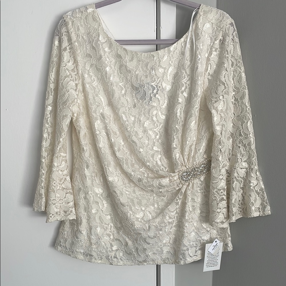 Alex Evenings Gold and Cream Asymmetrical Flutter Sleeve Blouse